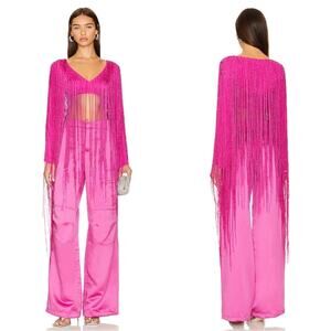 Cult Gaia Lorena Fringe Crystal Embellished Long Sleeve Pink Crop Top Size Small